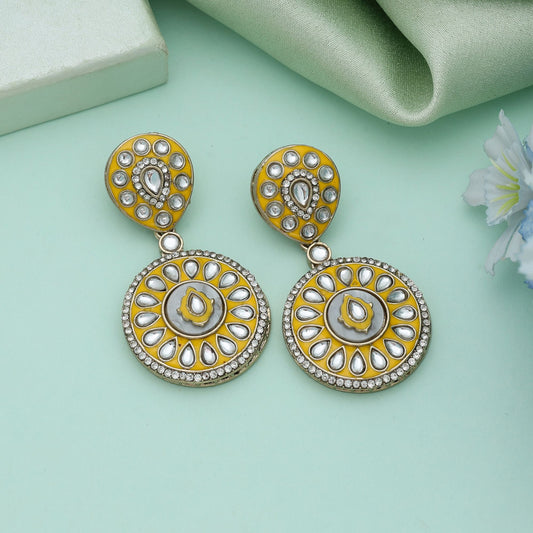 Yellow Color Meena Work Kundan Earrings Bright Festive Traditional Jewelry Design