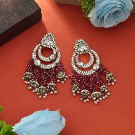 Magenta Farbige Kundan Ohrringe Auffällige Statement Traditioneller Schmuck Kollektion