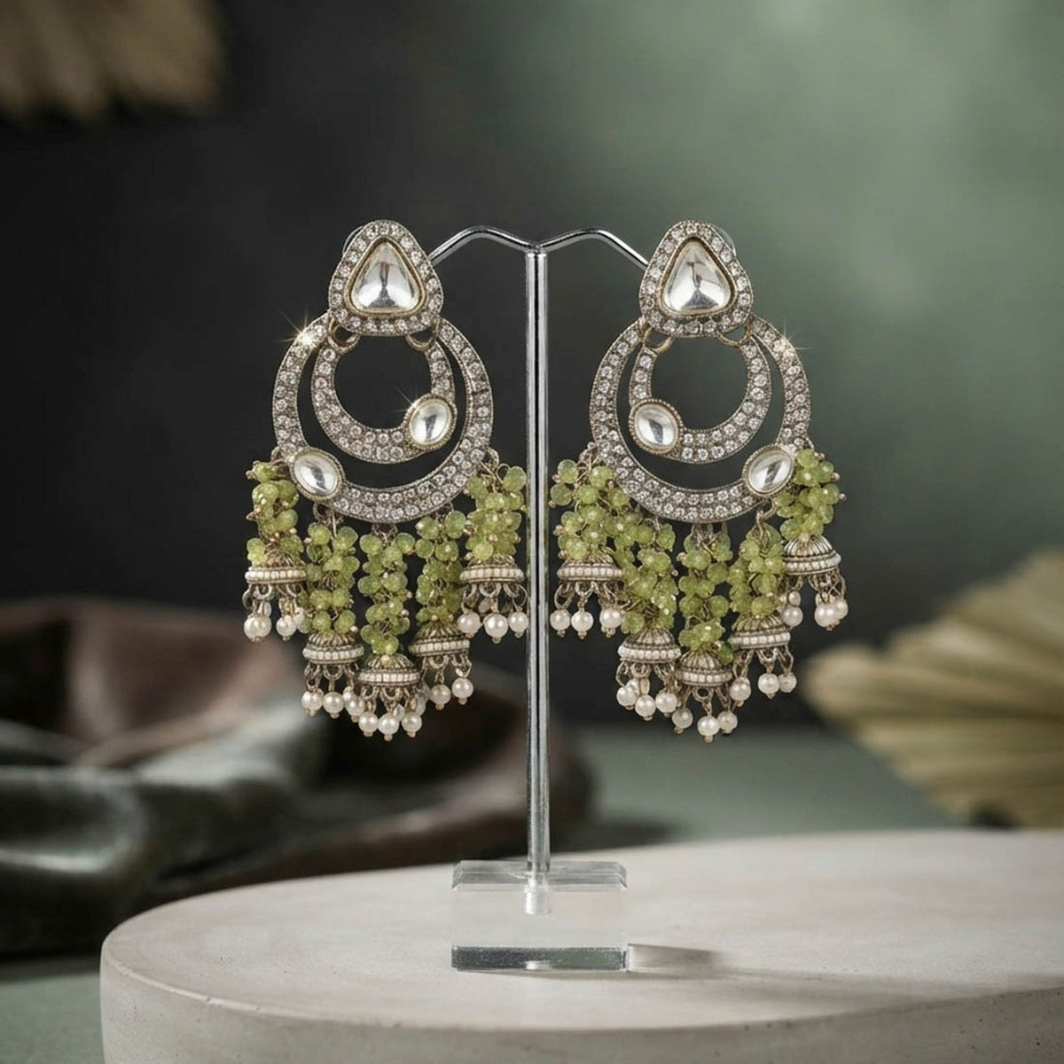 Parrot Green Color Kundan Earrings with Elegant Stonework and Beautiful Traditional Bridal Jewellery Design
