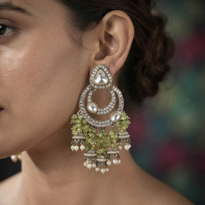 Parrot Green Color Kundan Earrings with Elegant Stonework and Beautiful Traditional Bridal Jewellery Design