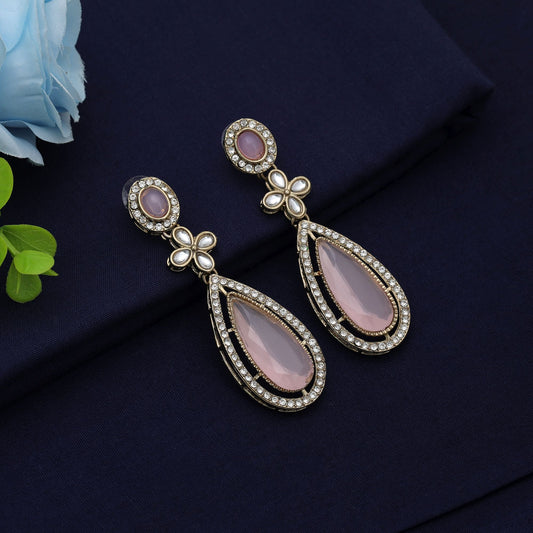 Lovely Light Pink Color Kundan Earrings For Party Fashion