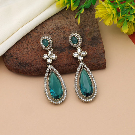Stylish Rama Green Color Kundan Earrings For Bridal Fashion