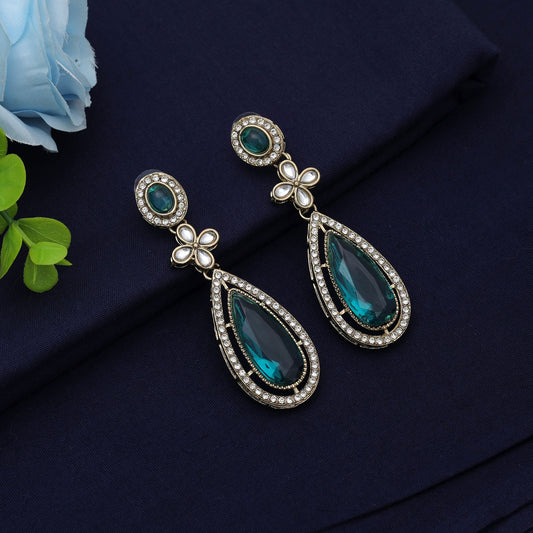Stylish Rama Green Color Kundan Earrings For Bridal Fashion