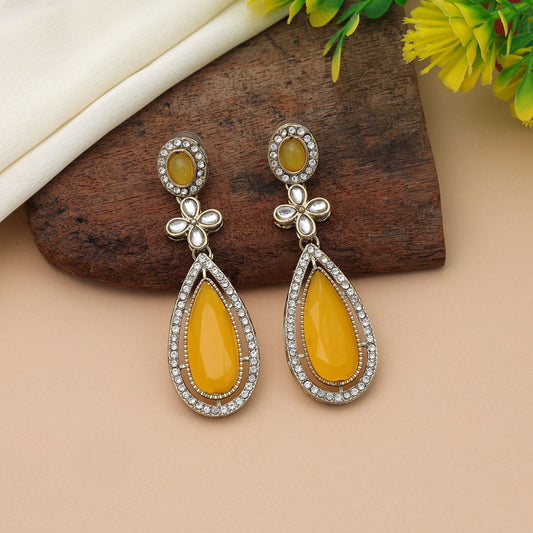 Traditional Yellow Color Kundan Earrings For Ethnic Party Wear