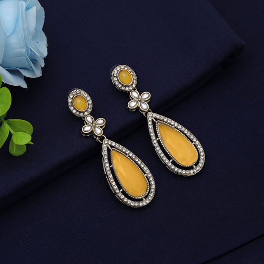 Traditional Yellow Color Kundan Earrings For Ethnic Party Wear