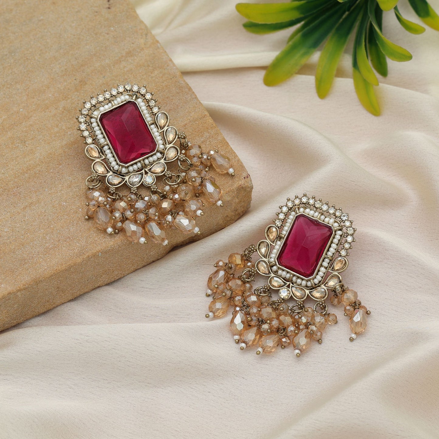 Gorgeous Rani Color Kundan Earrings For Wedding Party Looks