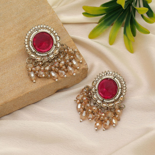 Artistic Rani Color Kundan Earrings For Grand Celebration Wear