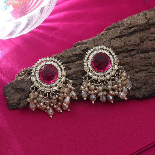 Artistic Rani Color Kundan Earrings For Grand Celebration Wear