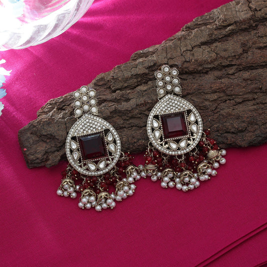 Elegante weinrote Kundan-Ohrringe für hochwertige Ethno-Kleidung