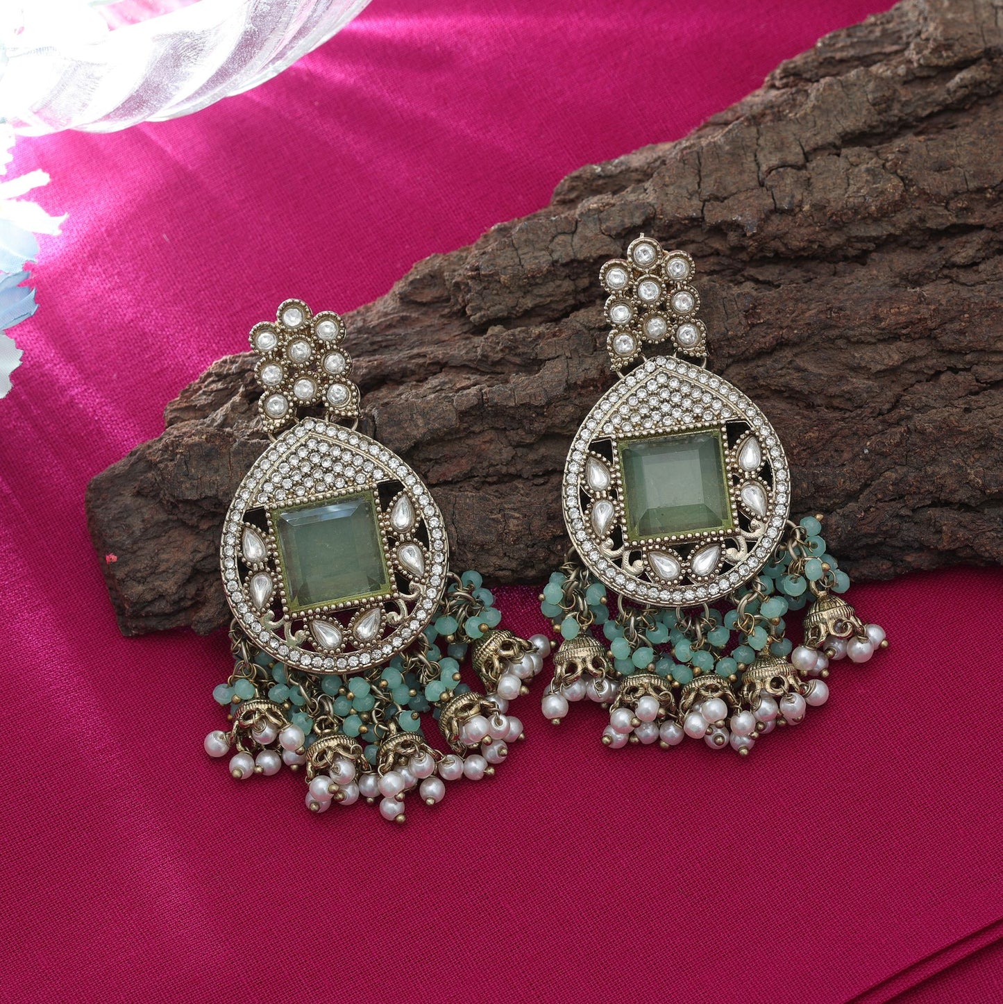 Gorgeous Pista Green Color Kundan Earrings For Wedding Style