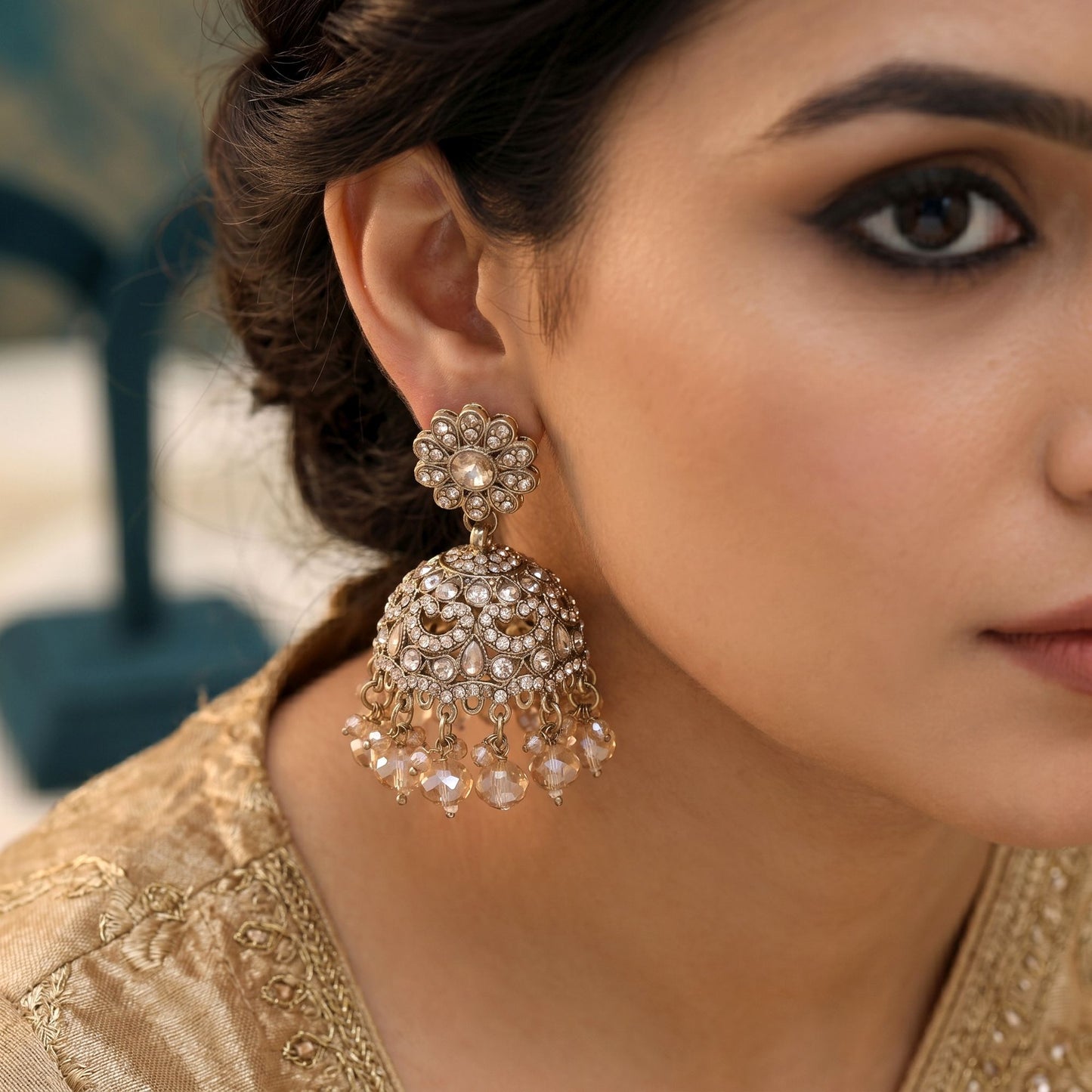 Sparkling Gold Color Kundan Earrings For Designer Party Looks
