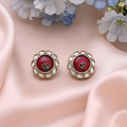 Maroon Color Kundan Earrings Crafted for Stylish Ethnic Party Wear Look