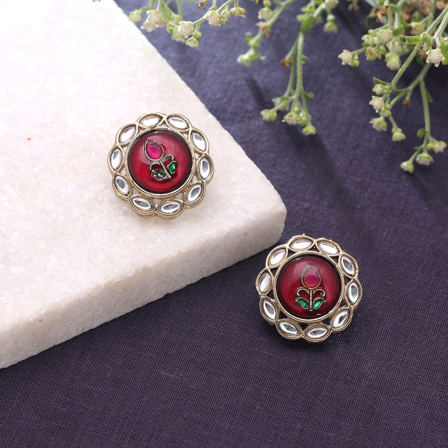 Maroon Color Kundan Earrings Crafted for Stylish Ethnic Party Wear Look