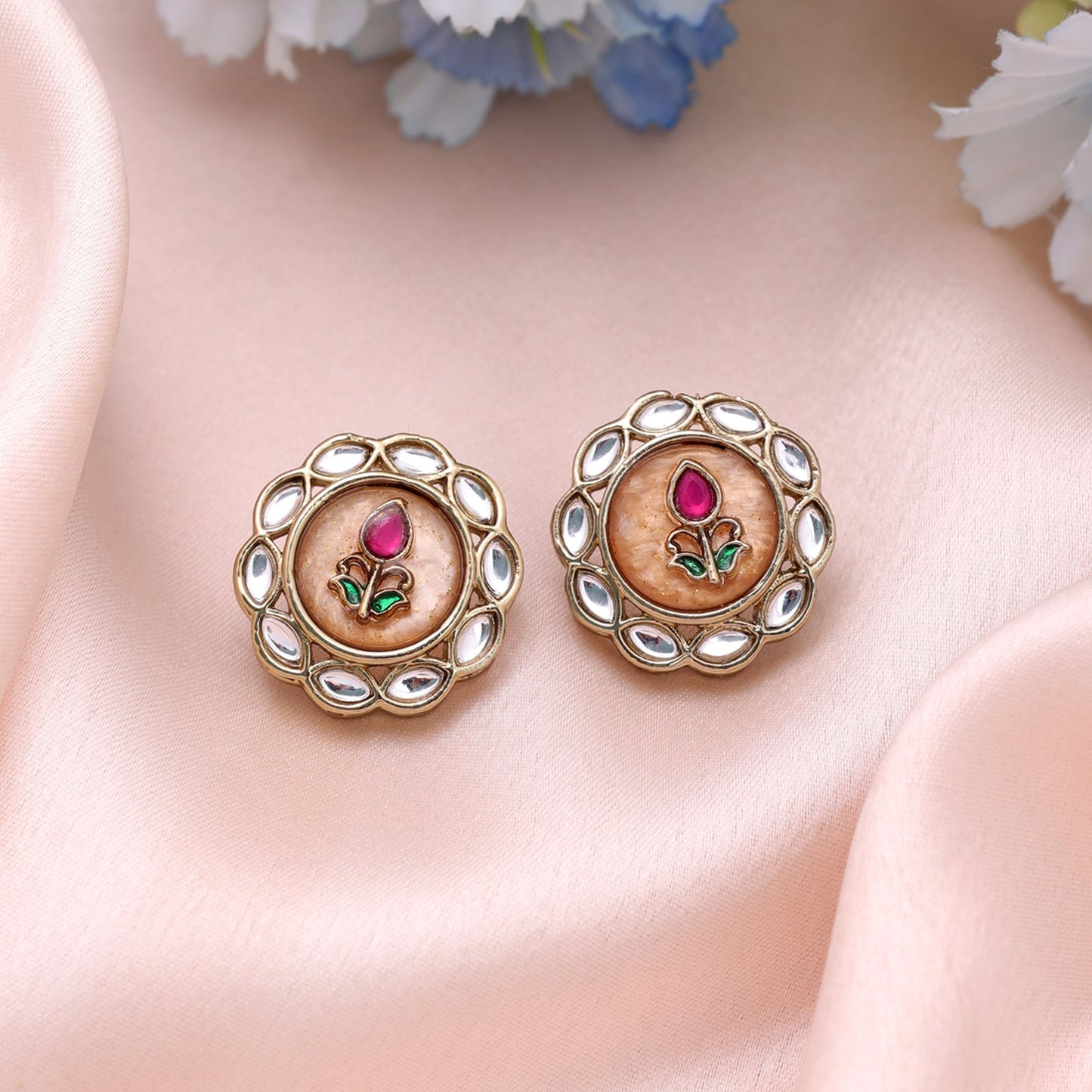 Peach Color Kundan Earrings Featuring Graceful Traditional Fashion Style Appeal