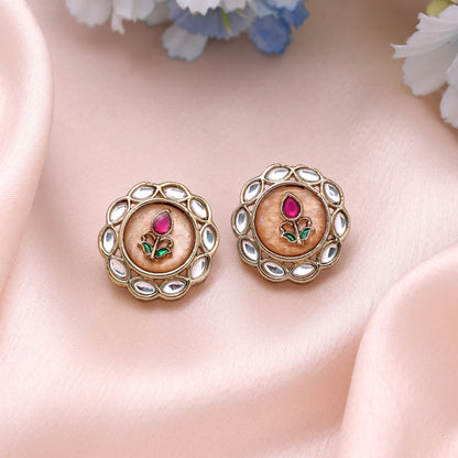 Peach Color Kundan Earrings Featuring Graceful Traditional Fashion Style Appeal