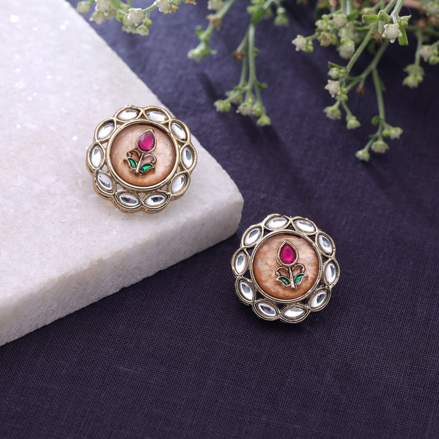 Peach Color Kundan Earrings Featuring Graceful Traditional Fashion Style Appeal