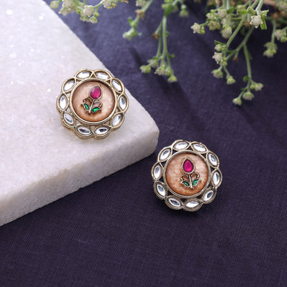 Peach Color Kundan Earrings Featuring Graceful Traditional Fashion Style Appeal