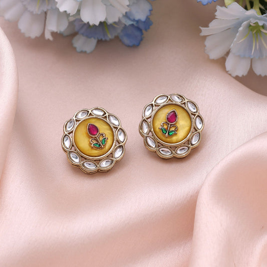 Yellow Color Kundan Earrings with Royal Handmade Traditional Jewelry Appeal