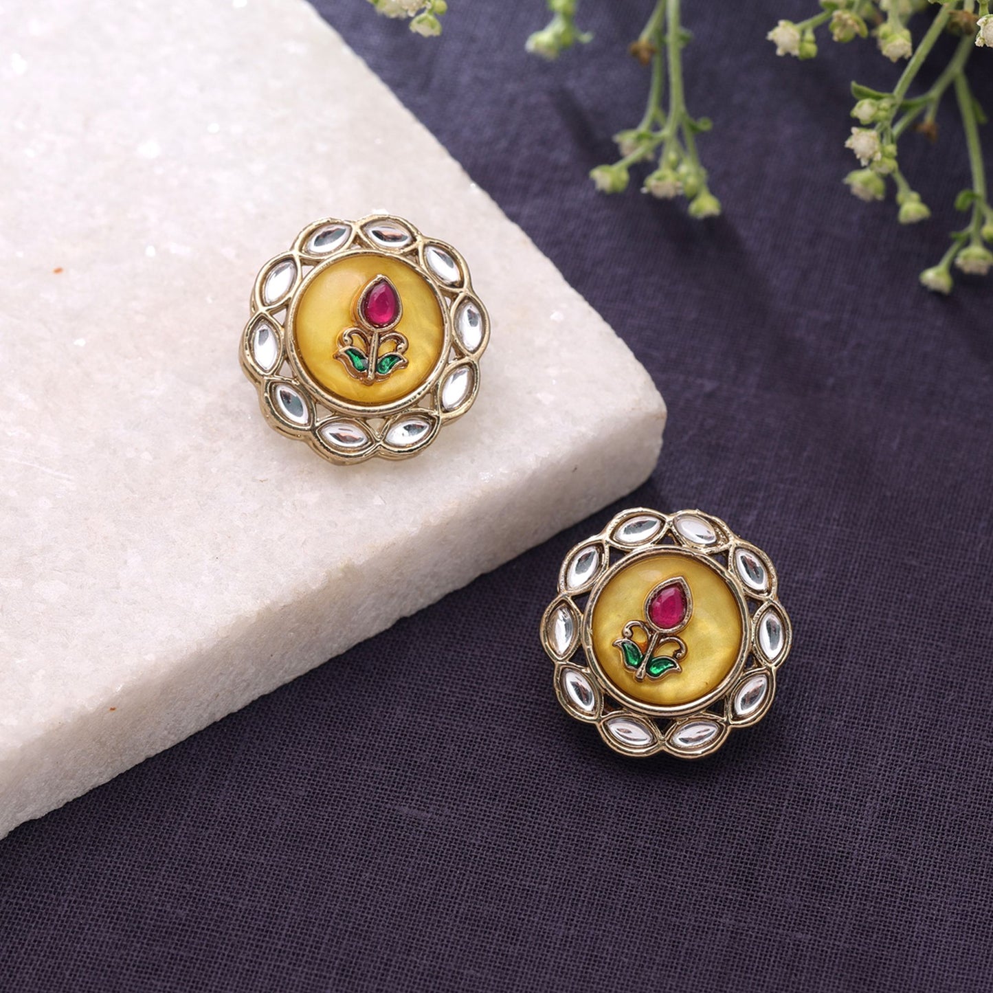 Yellow Color Kundan Earrings with Royal Handmade Traditional Jewelry Appeal