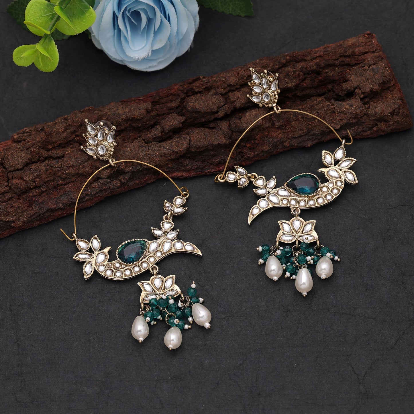 Teal Green Color Kashmiri Earrings Crafted with Elegant Traditional Jewelry Style