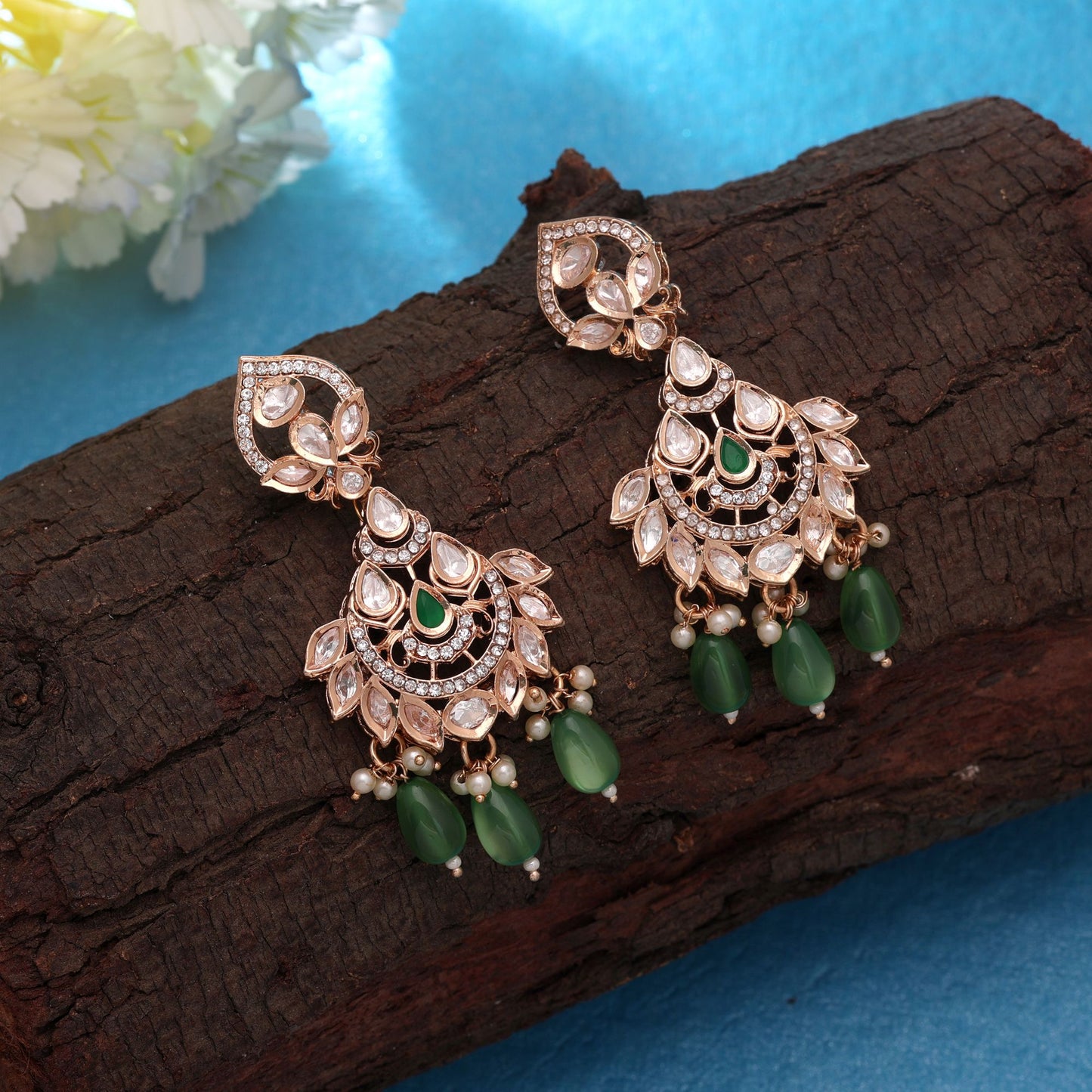 Green Color Polki Kundan Earrings Crafted for Elegant Festive Ethnic Wear