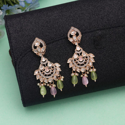 Light Pink & Light Green Color Polki Kundan Earrings with Elegant Designer Finish