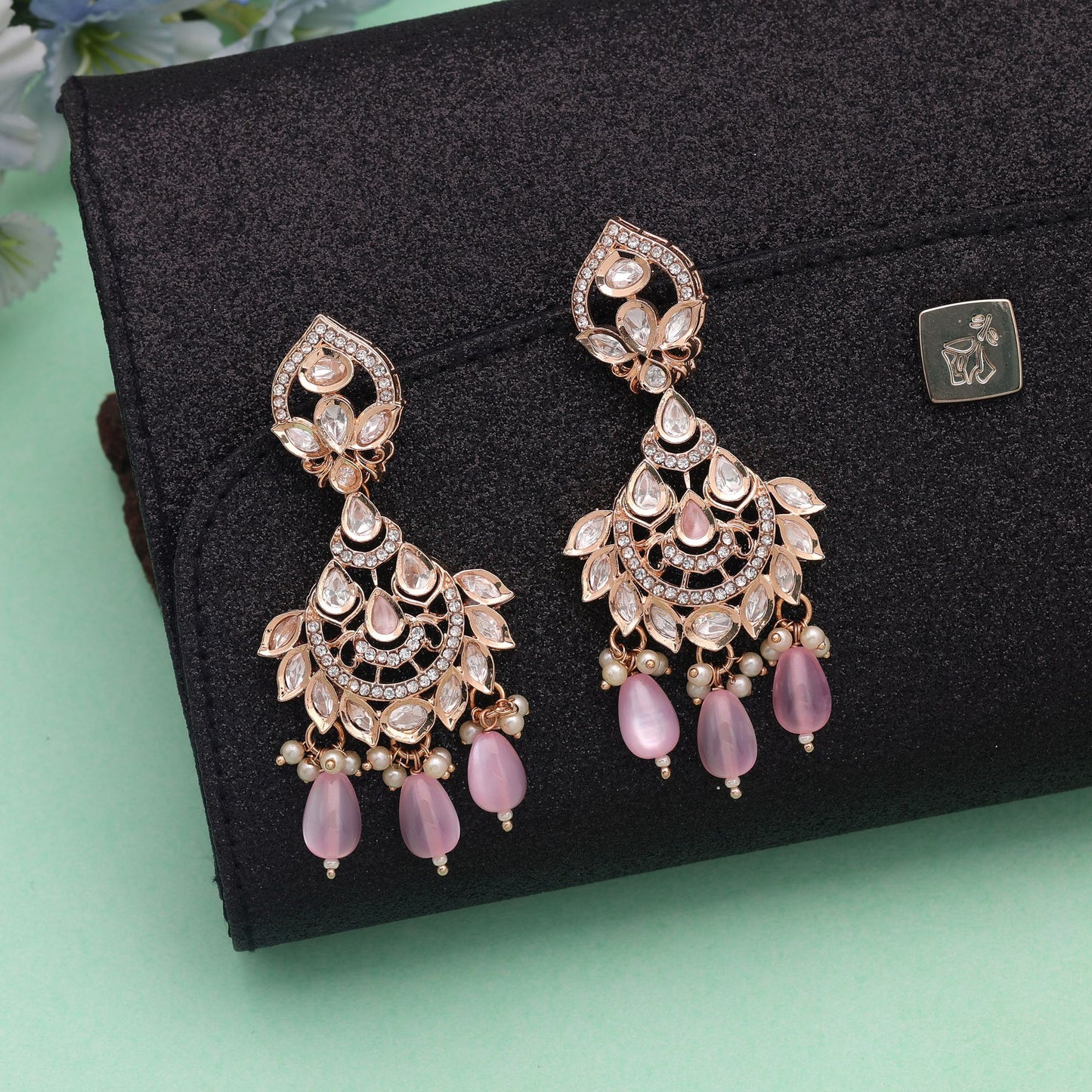 Light Pink Color Polki Kundan Earrings with Royal Handmade Jewelry Appeal