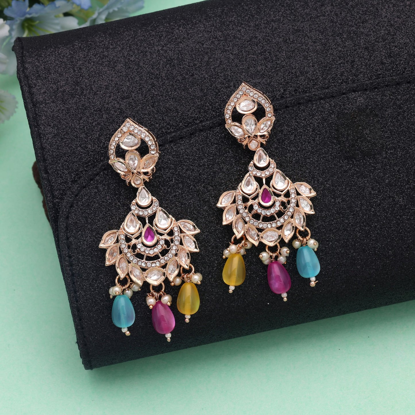 Multi Color Polki Kundan Earrings Featuring Premium Ethnic Festive Fashion Style