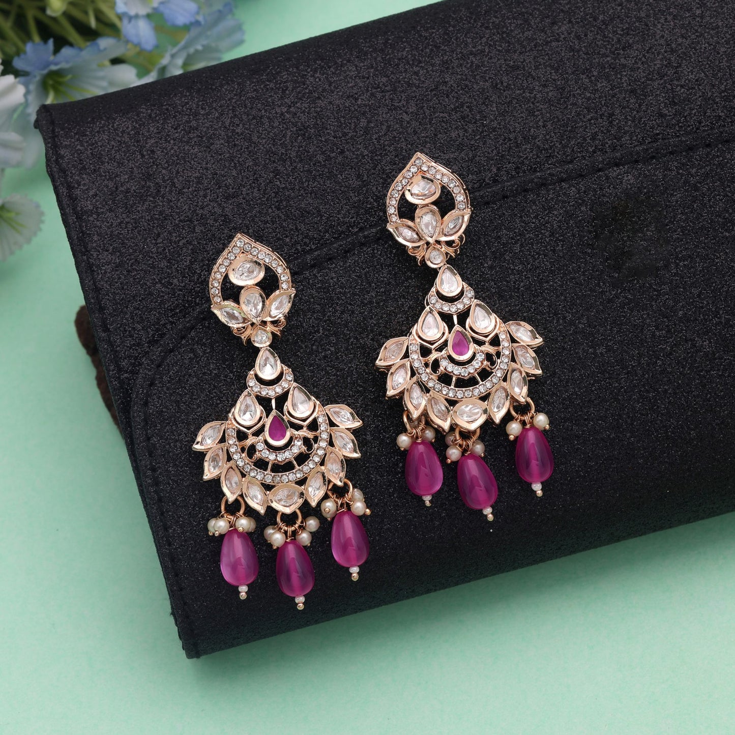 Pink Color Polki Kundan Earrings with Beautiful Designer Traditional Jewelry Finish