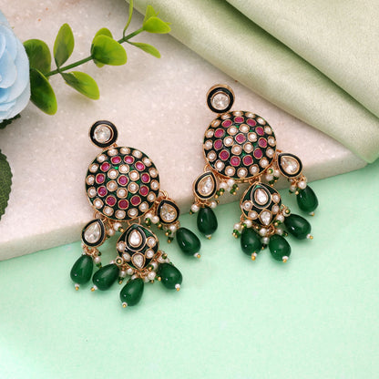 Green Color Meenakari Kundan Earrings Crafted for Elegant Traditional Jewelry Look