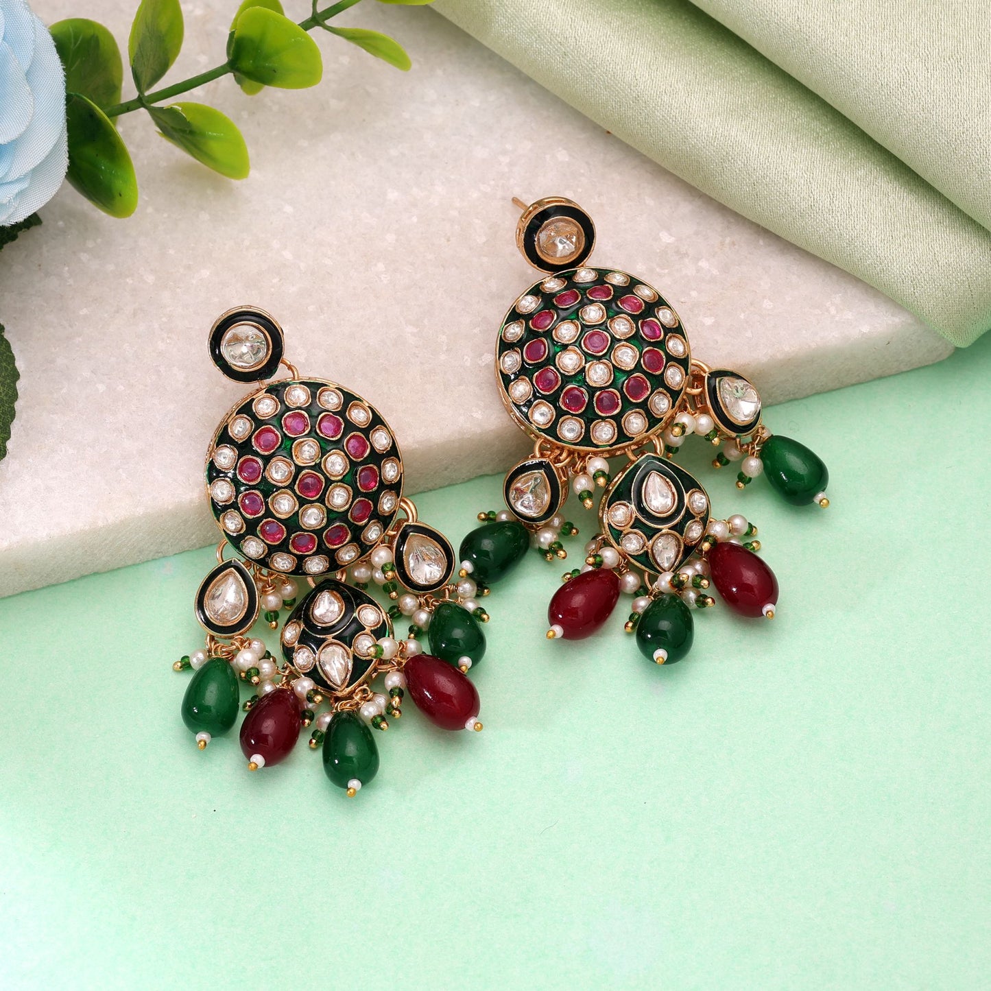 Multi Color Meenakari Kundan Earrings with Beautiful Artistic Festive Fashion Appeal