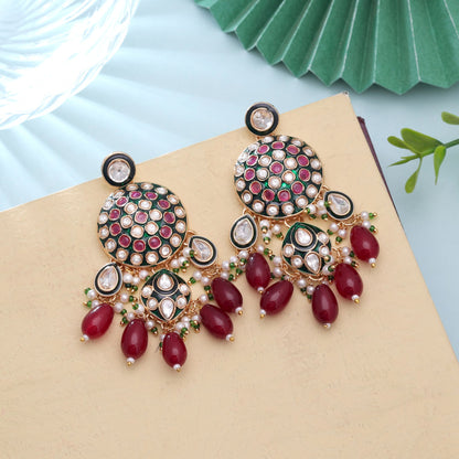 Maroon Color Meenakari Kundan Earrings with Royal Designer Ethnic Fashion Style