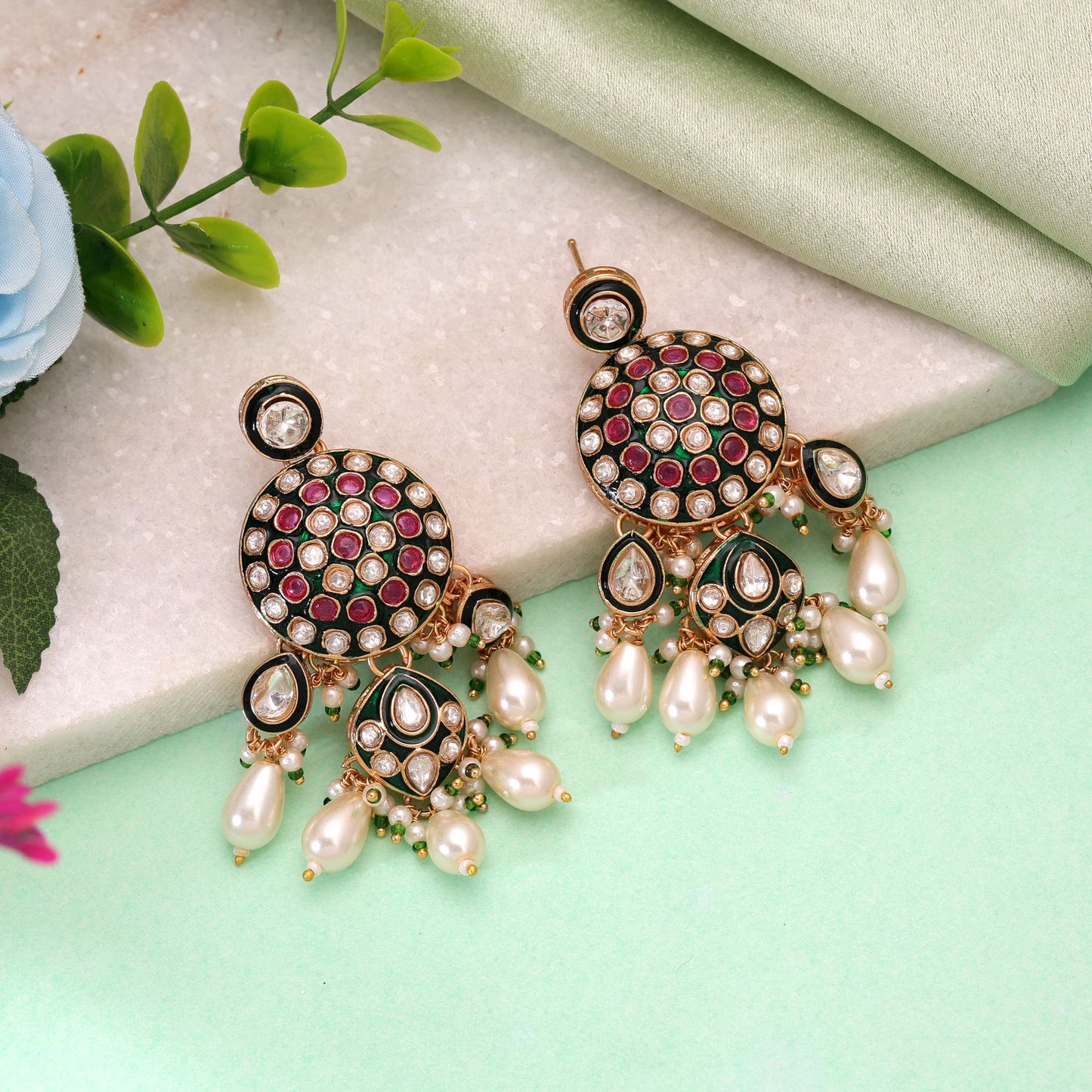 White Color Meenakari Kundan Earrings Featuring Traditional Handmade Ethnic Jewelry Style