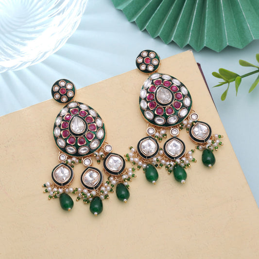 Green Color Meenakari Kundan Earrings with Stylish Royal Traditional Jewelry Appeal