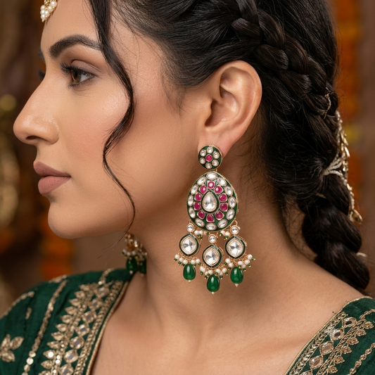 Grüne Meenakari-Kundan-Ohrringe mit stilvollem, königlich-traditionellem Schmuck-Flair