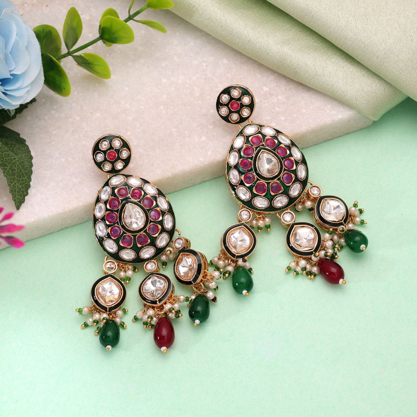 Multi Color Meenakari Kundan Earrings Featuring Premium Festive Ethnic Fashion Finish