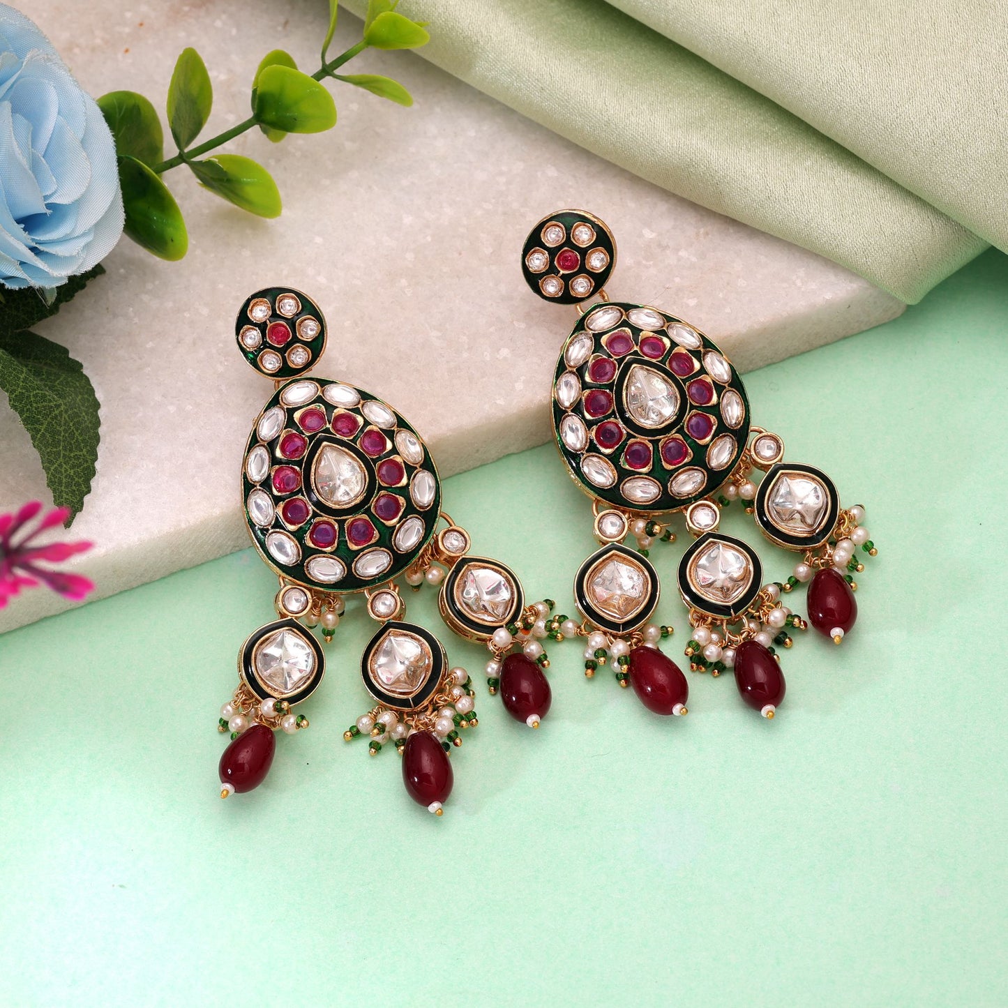 Maroon Color Meenakari Kundan Earrings Featuring Artistic Handmade Designer Look