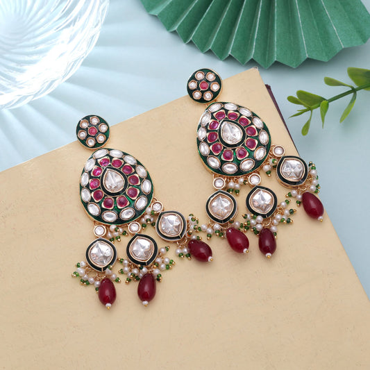 Maroon Color Meenakari Kundan Earrings Featuring Artistic Handmade Designer Look