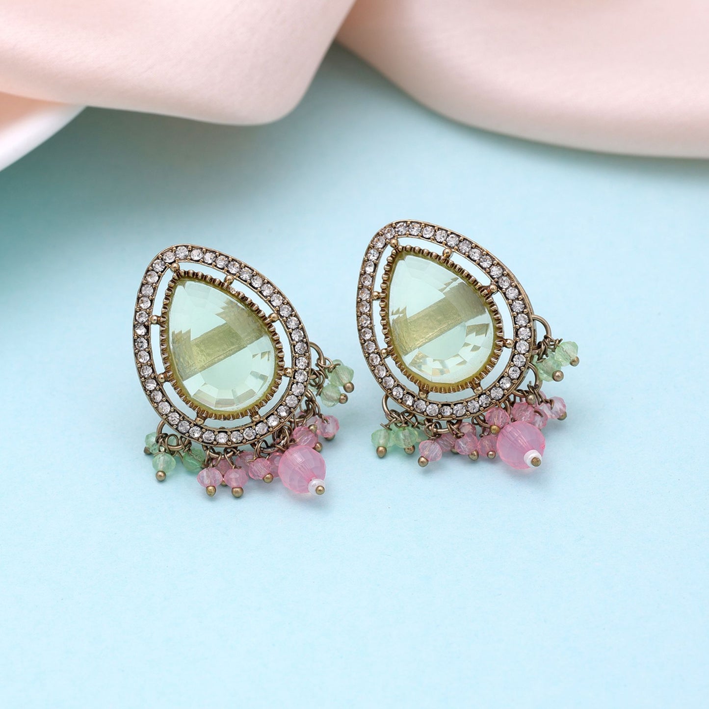 Lime Green & Pink Color Kundan Earrings Featuring Beautiful Designer Finish