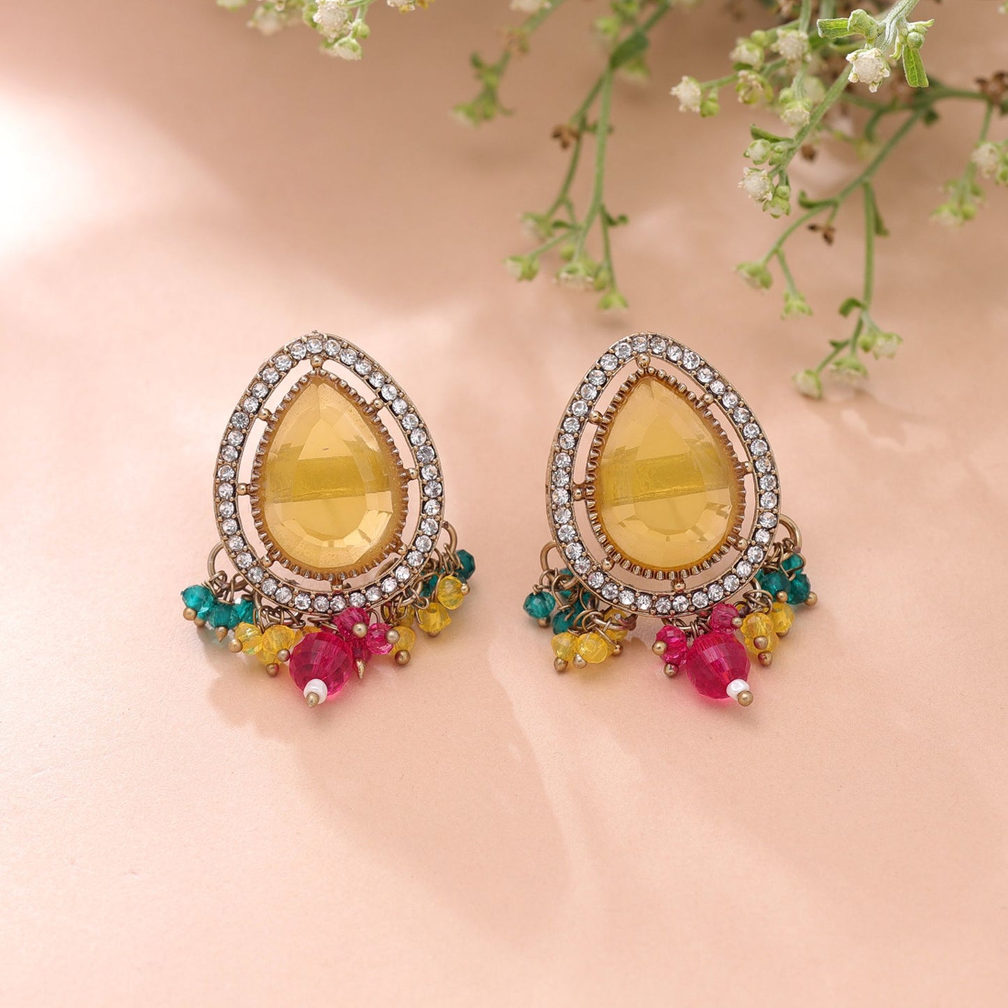 Yellow Color Kundan Earrings Featuring Graceful Traditional Jewelry Appeal