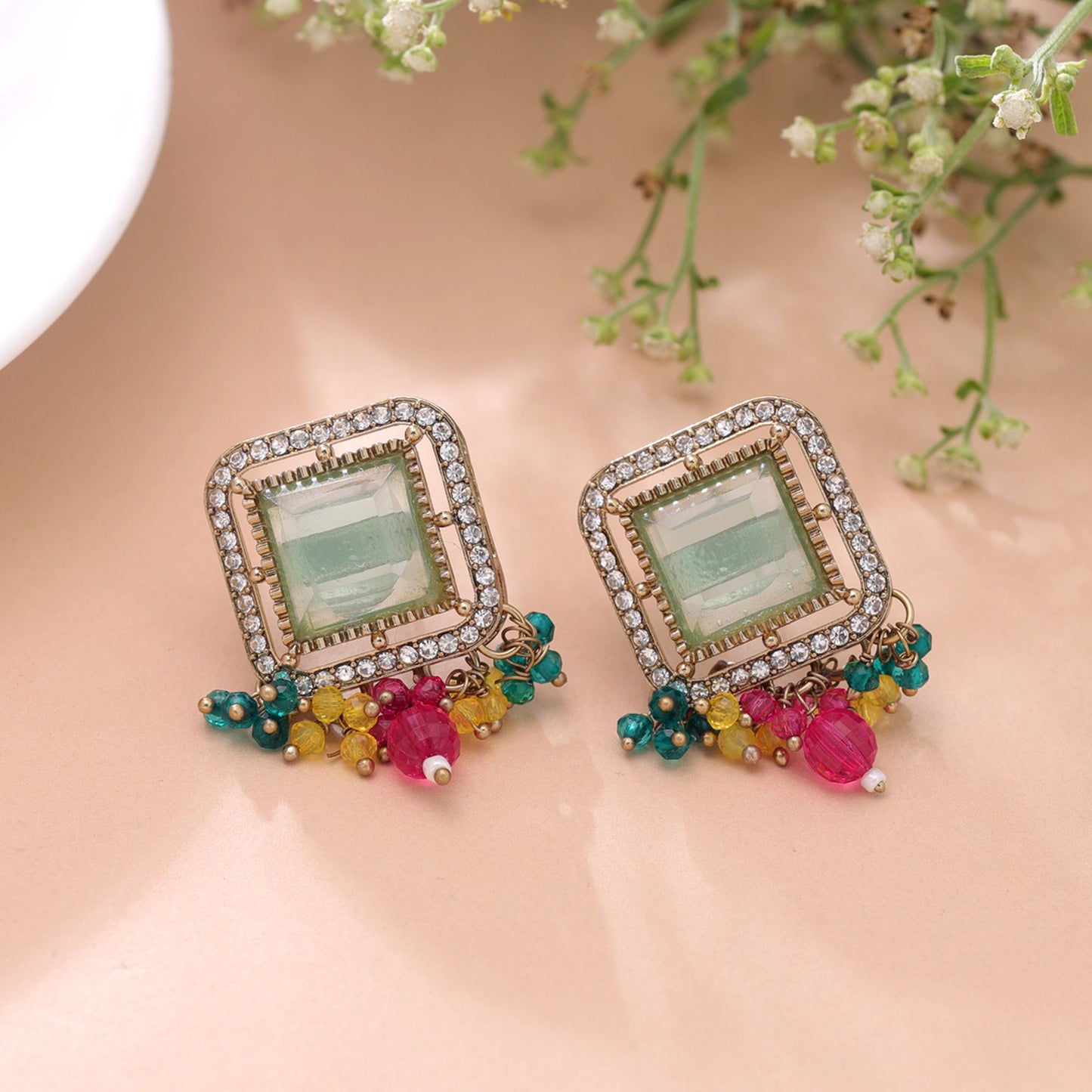Aqua Blue & Rani Color Kundan Earrings with Premium Festive Jewelry Appeal