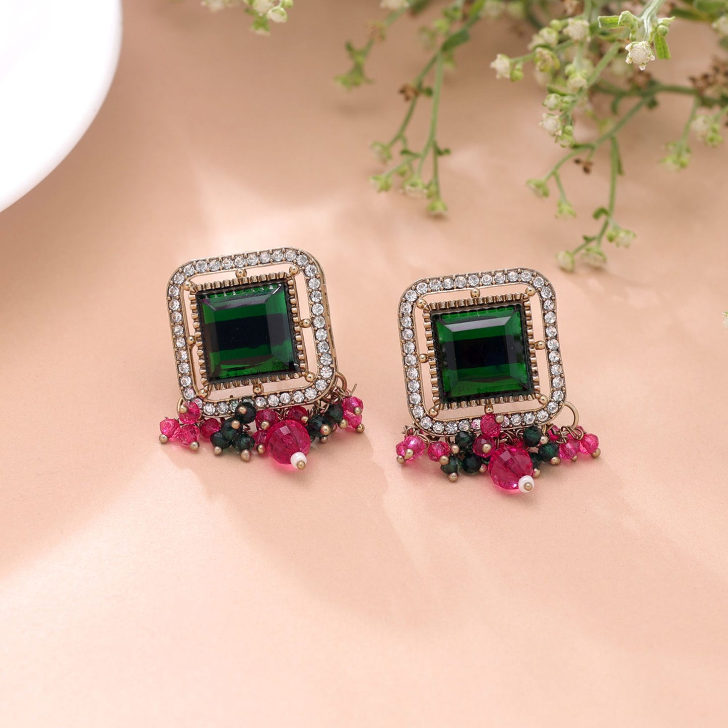 Green & Rani Color Kundan Earrings with Elegant Traditional Designer Finish