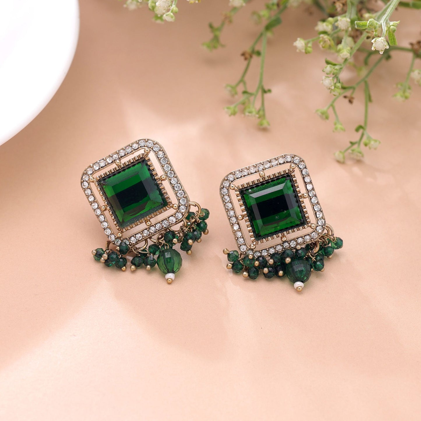 Green Color Kundan Earrings Featuring Premium Festive Designer Appeal