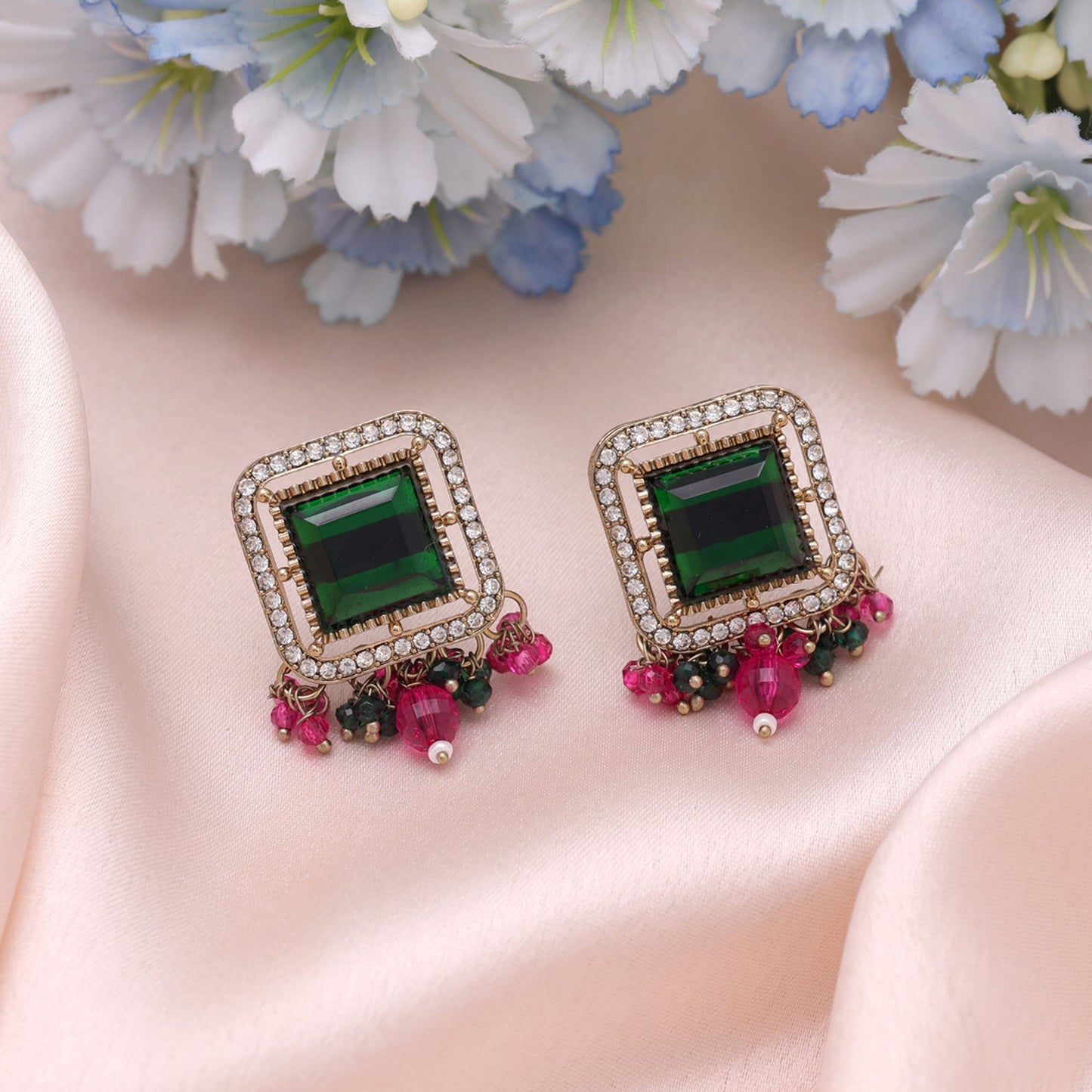 Green & Rani Color Kundan Earrings with Elegant Traditional Designer Finish