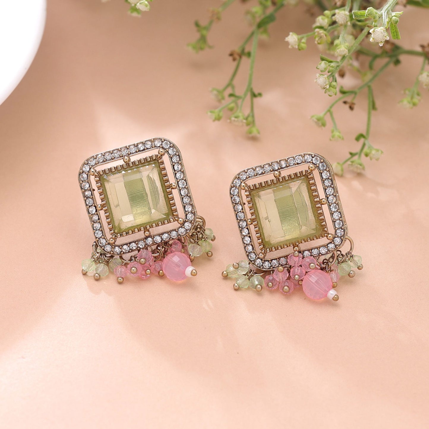 Lime Green & Pink Color Kundan Earrings Crafted with Royal Festive Style