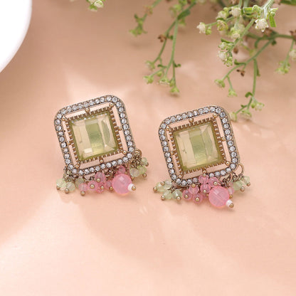Lime Green & Pink Color Kundan Earrings Crafted with Royal Festive Style