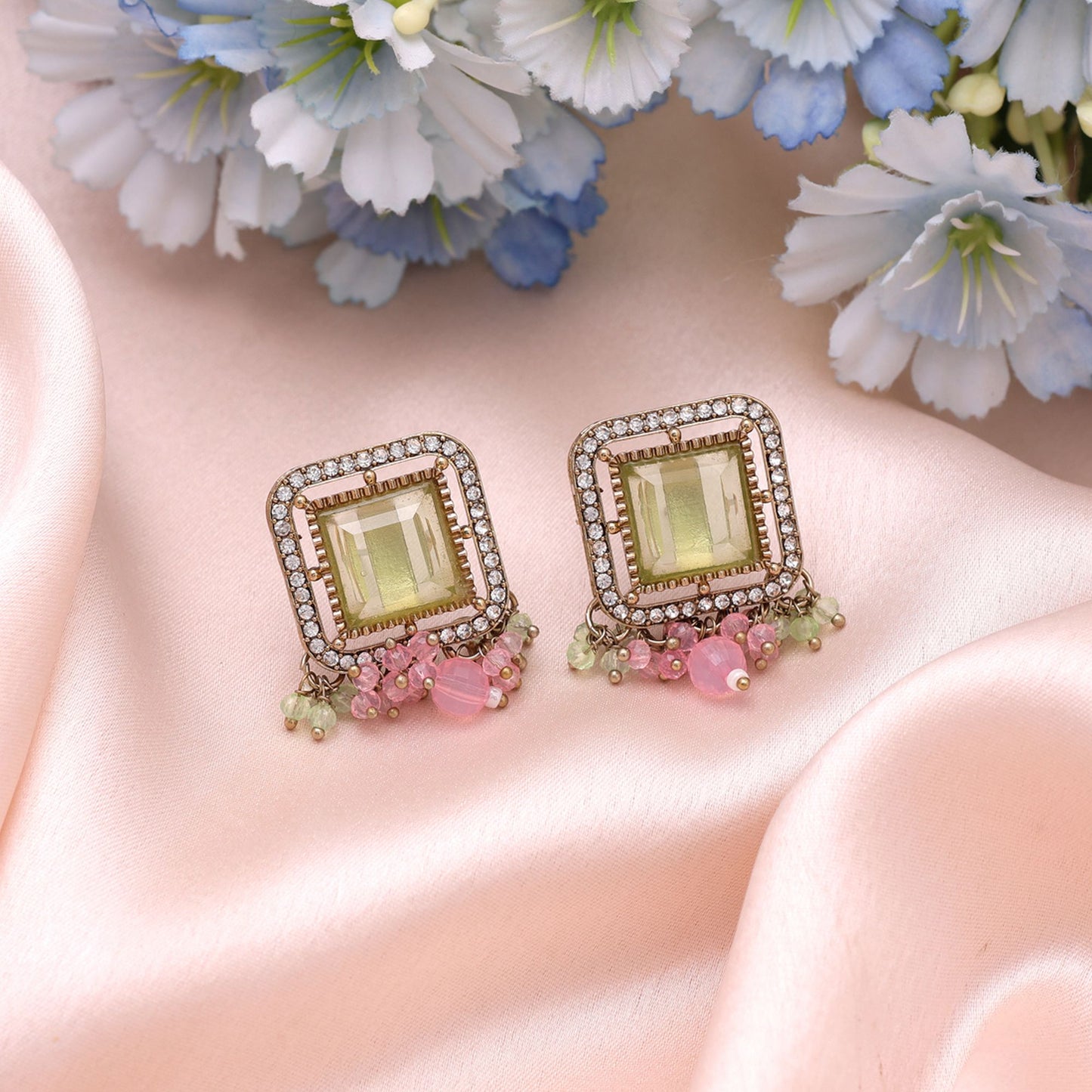 Lime Green & Pink Color Kundan Earrings Crafted with Royal Festive Style