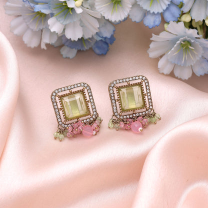 Lime Green & Pink Color Kundan Earrings Crafted with Royal Festive Style