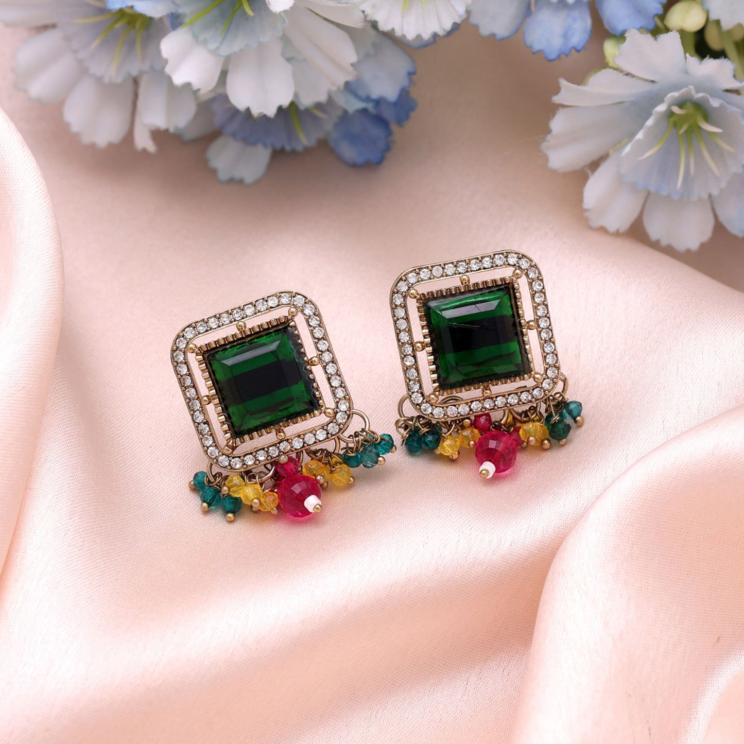 Multi Color Kundan Earrings Crafted for Elegant Traditional Fashion Wear