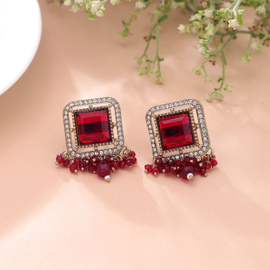 Red Color Kundan Earrings with Elegant Traditional Handmade Jewelry Style
